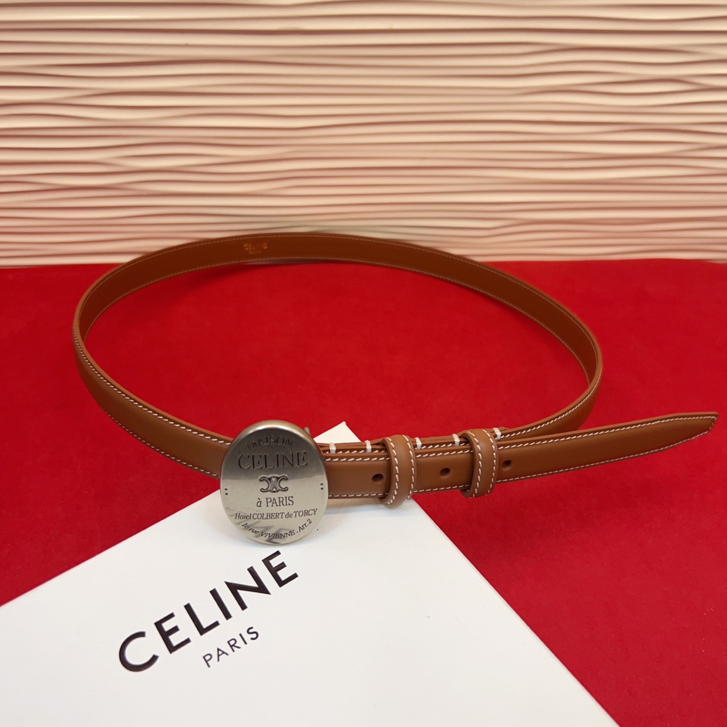 Celine-Maison-Celine-Buckle-Thin-Belt-with-Collar-Stud-Brown-Leather