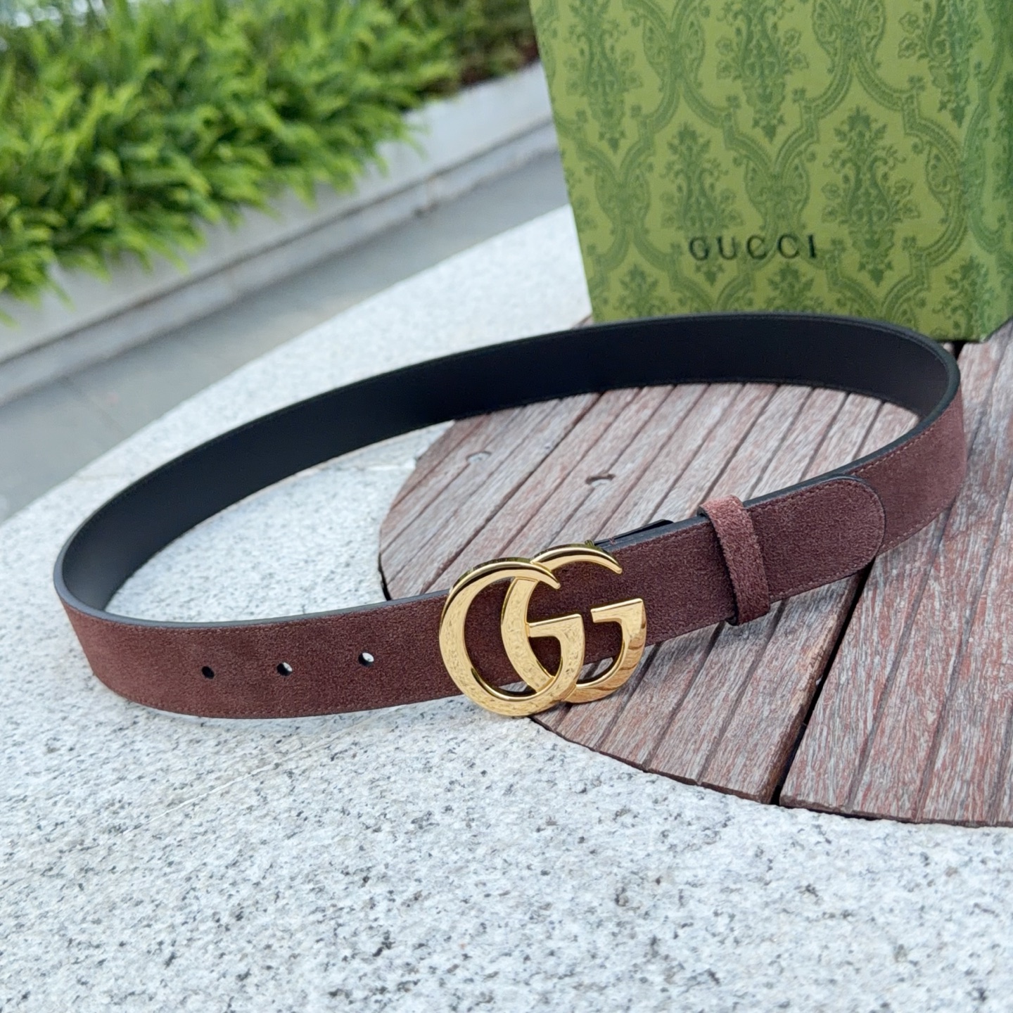 Gucci-Classic-Double-G-Buckle-Burgundy-Suede-Leather-Belt-30CM