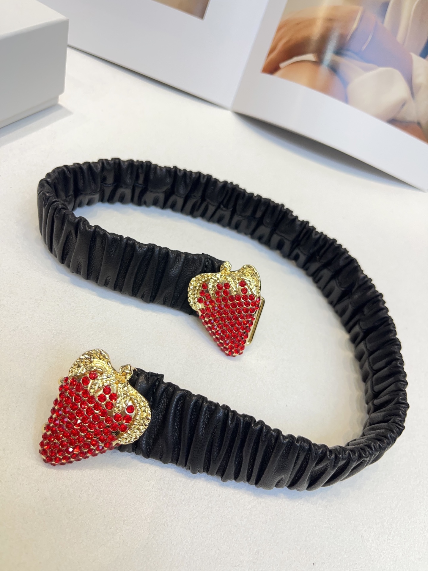 Gucci-Double-Crystals-Strawberry-Buckle-Belt-Black-Matelasse-Leather-30MM