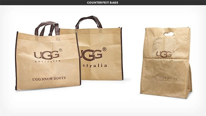 Counterfeit UGG products are often sold with branded bags or packaging, such as 'UGG Snow Boots' bags, which are never used for authentic UGG purchases