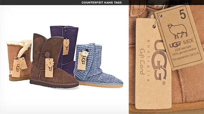 Counterfeit UGG products often include hang tags and are made from low-quality materials that lack the durability and comfort of genuine UGG boots