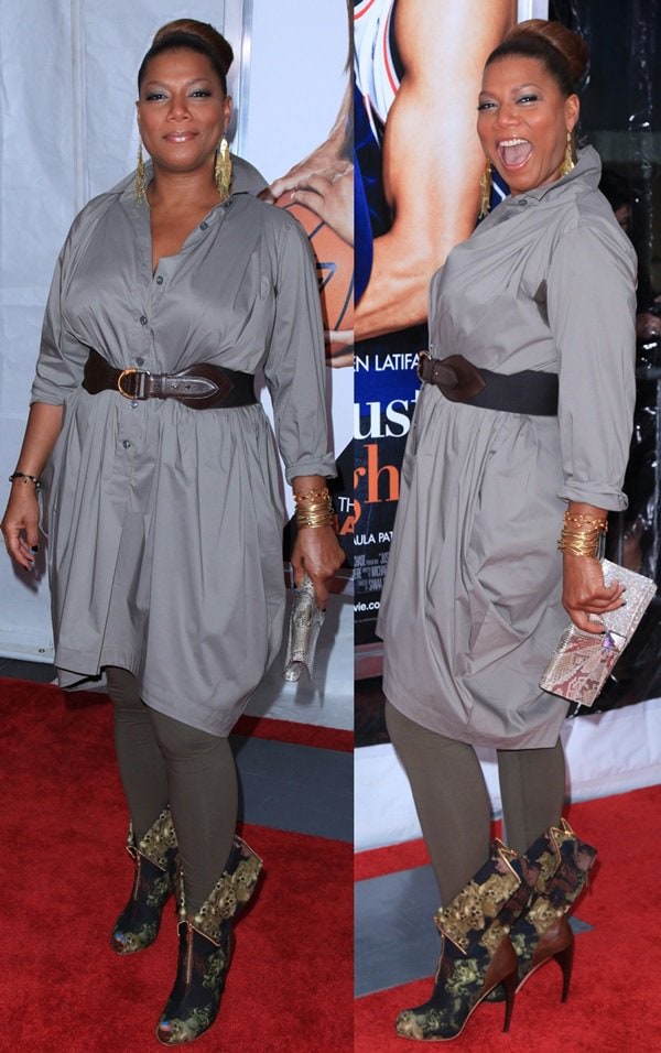Queen Latifah brought her signature style to the red carpet at the premiere of Just Wright on May 4, 2010, at the Ziegfeld Theater in New York City, pairing a chic belted shirtdress with daring Alexander McQueen 'Skull Rose' boots that made a bold fashion statement