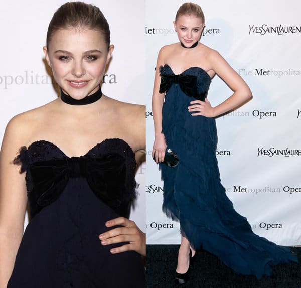 Chloë Grace Moretz exudes understated elegance in a navy Yves Saint Laurent gown with a velvet bow bodice, paired with classic black pumps at the Manon premiere in March 2012