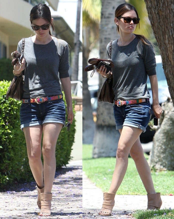 Rachel Bilson steps out in Hollywood on May 30, 2010, pairing cuffed denim shorts and a relaxed gray top with nude Maison Martin Margiela sandal booties and a colorful woven belt