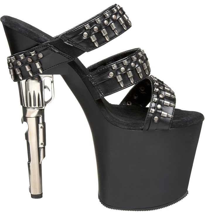 A revolver-shaped stiletto heel and rows of bullet-inspired studs transform the Bond Girl 703 into one of Pleaser USA's most provocative platform sandal designs