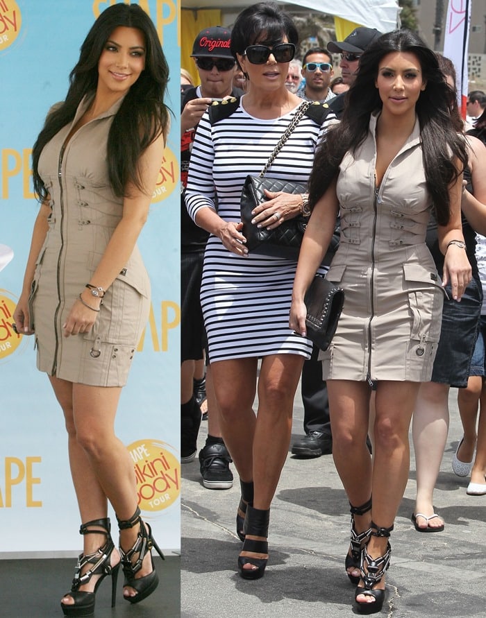 Kim Kardashian, in a safari-inspired Byron Lars dress and Gucci 'Sigrid' platform sandals, attends Shape Magazine's Bikini Body Tour event with her mother, Kris Jenner, in Santa Monica on June 5, 2010