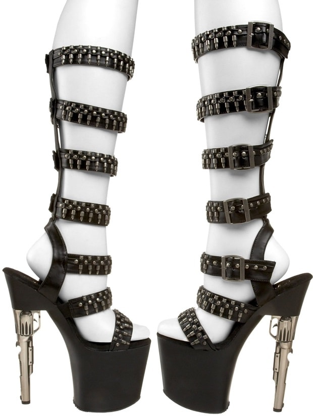 The Bondgirl-768 amplifies the collection's military-inspired aesthetic with calf-high straps, metallic bullet detailing, and towering performance-ready platforms