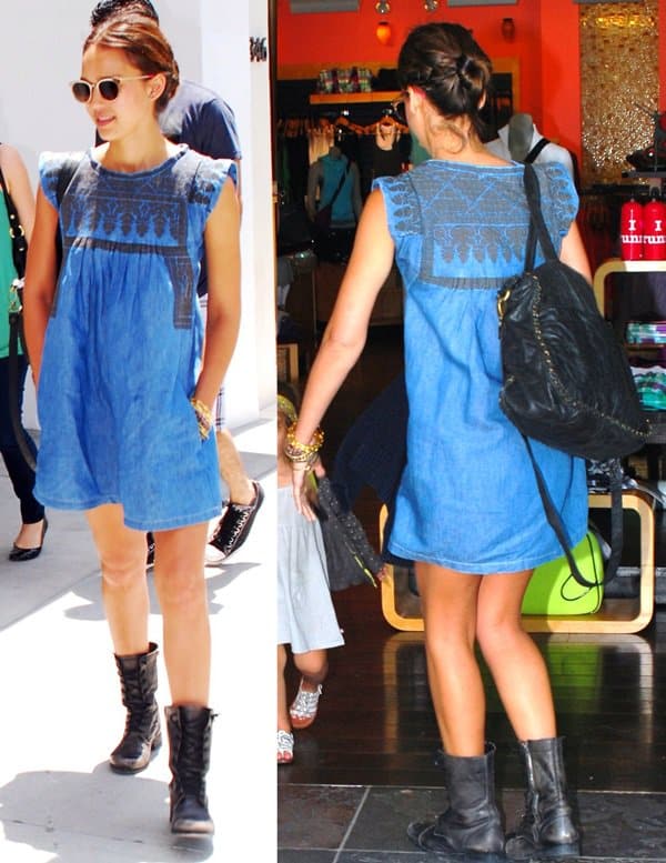 Jessica Alba exuded effortless style at the Cheesecake Factory in Beverly Hills on June 5, 2010, wearing a chic Isabel Marant Leal denim dress, paired with trendy Sam Edelman lace-up Terri boots and completing her look with Oliver Peoples Sheldrake sunglasses