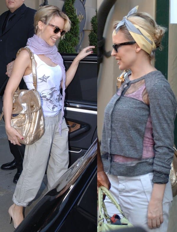 Kylie Minogue leaving her hotel after booking an entire screen at The Gate cinema for her dancers and crew to watch new Abba film 'Mama Mia!' in Newcastle upon Tyne, England on July 23, 2008