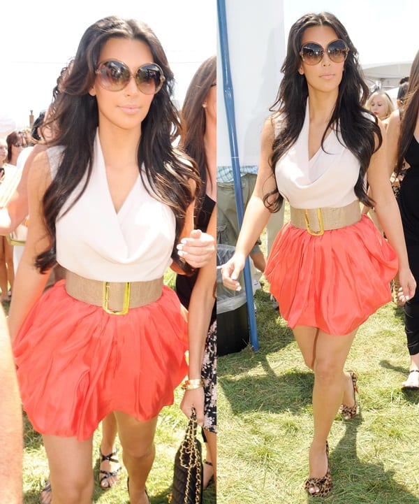 Kim Kardashian wore a Helmut Lang cowl neck tank, Christian Louboutin Madame Butterfly sandals, a Sass Bide the Botanist skirt, and a Jack Rabbit Collection wide beige leather belt