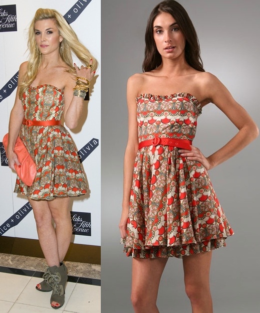 tinsley mortimer in alice olivia In this captivating shot, Tinsley Mortimer stuns in an Alice + Olivia strapless print dress, elegantly designed with a sweetheart neckline and delicately ruffle-trimmed top hem, perfectly accentuating her sun-kissed blonde hair