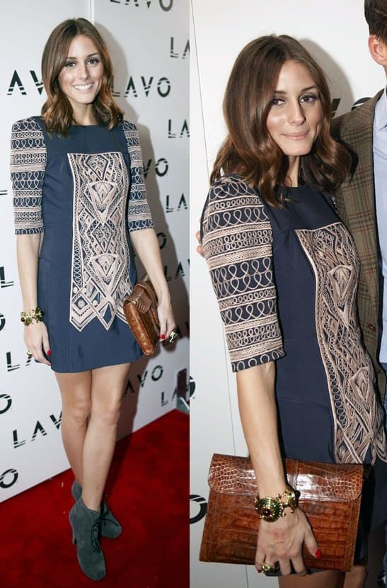 Olivia Palermo exudes effortless elegance at the Tibi Spring 2011 fashion show during Mercedes-Benz Fashion Week, wearing a chic Tibi 'Byzantine' embroidery dress, Proenza Schouler suede booties, and an exotic Hermès 'Jige' croc-embossed clutch