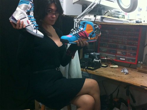 Blake Bevin Power Laces Inventor Blake Bevin with her Power Laces prototypes