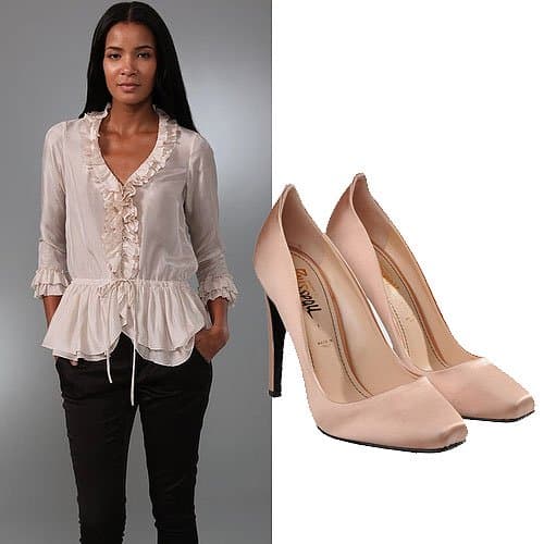 Selena Gomez A Year Without Rain Madrid Photocall outfit Rebecca Taylor Ruffled Chiffon Blouse in Powder / Jerome C. Rousseau Aizza Satin Pumps