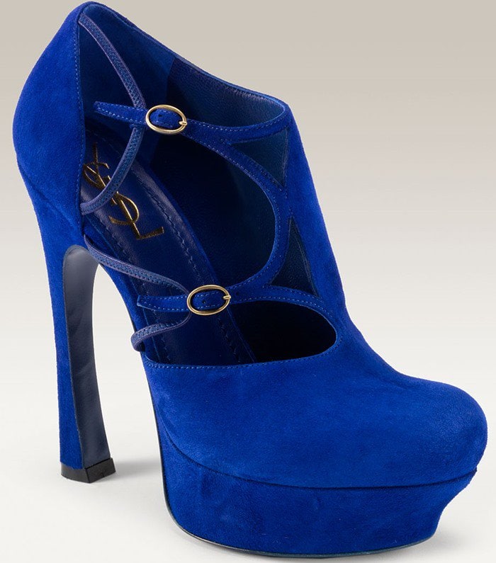 Yves Saint Laurent “Palais” Strappy Platform Pumps in Bluette Suede — an architectural statement heel blending retro glamour with modern precision