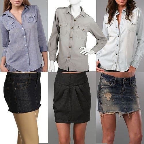 denim shirt and denim skirt outfits Elevated Denim Styles: 1) Elizabeth and James Chambray Shirt paired with Hurley Denim Skirt. 2) Current/Elliott's Pale Gray Shirt and Citizens of Humanity High-Rise Skirt. 3) Blank Denim's Boyfriend Shirt with a Prps Denim Skirt