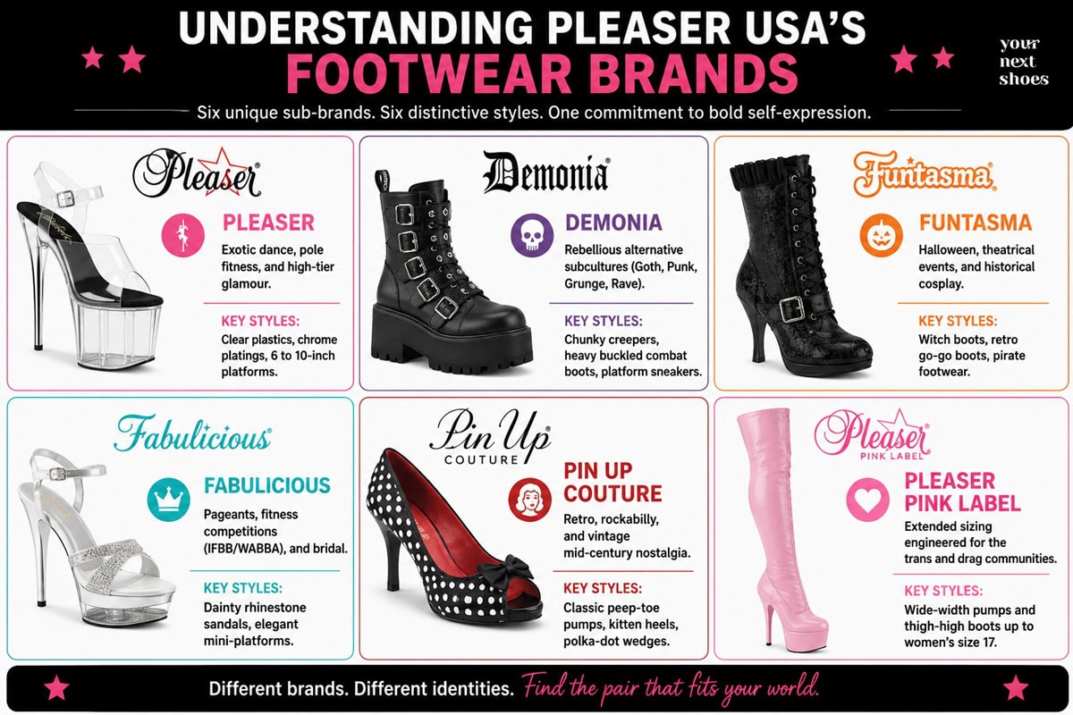 An infographic compares Pleaser USA's six footwear brands—Pleaser, Demonia, Funtasma, Fabulicious, Pin Up Couture, and Pink Label—highlighting their target audiences, signature styles, and most recognizable shoe designs