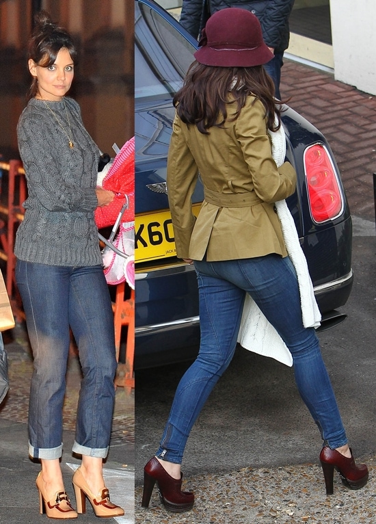 Cheryl Cole vs Katie Holmes Cheryl Cole and Katie Holmes both show off their Prada loafer pumps