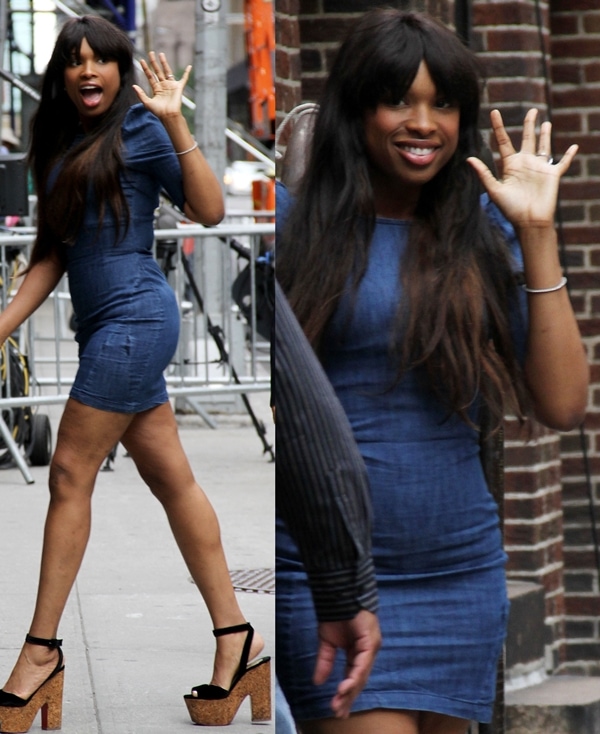 Jennifer Hudson flaunts her legs in a denim dress outside The Ed Sullivan Theater for 'The David Letterman Show' in New York City