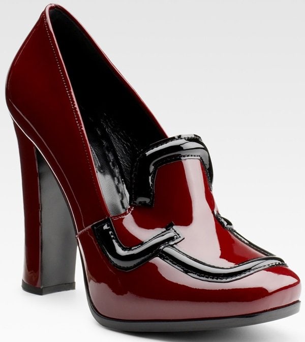 Burgundy Prada bi-color patent loafer pumps