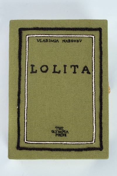 olympia le tan lolita Olympia Le-Tan “Lolita” book clutch crafted in embroidered canvas with silk thread detailing and a Liberty-print lining — a handmade literary minaudière originally retailing for approximately $1,330