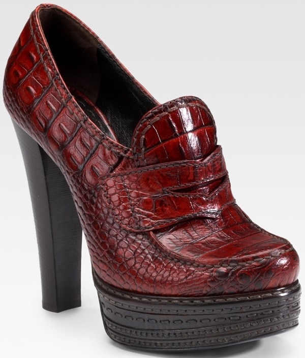 Prada red stamped crocodile leather pumps