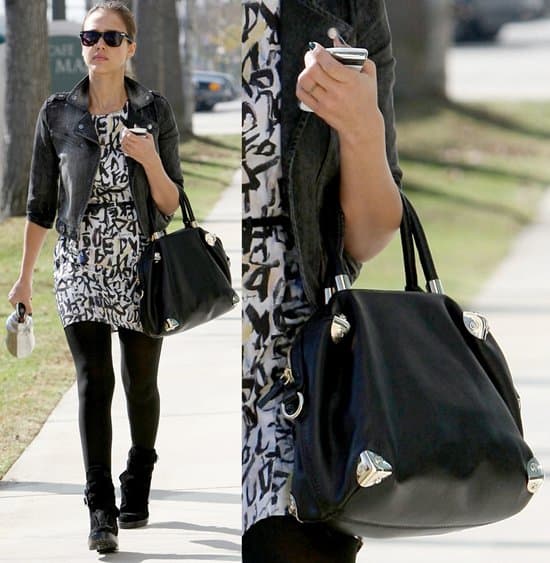 Jessica Alba arriving at her office in Santa Monica Jessica Alba, effortlessly chic, matches her workday outfit with her favorite Viktor Rolf handbag while heading to her Santa Monica office, January 20, 2011
