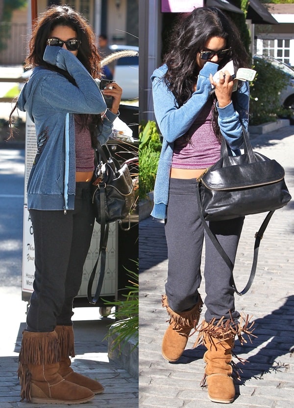 Vanessa Hudgens embraced the boho-chic trend of the early 2010s in chestnut suede Kettle Black fringe boots, pairing the movement-rich footwear with sweatpants, a cropped tank, and a vintage-inspired hoodie during a Studio City outing