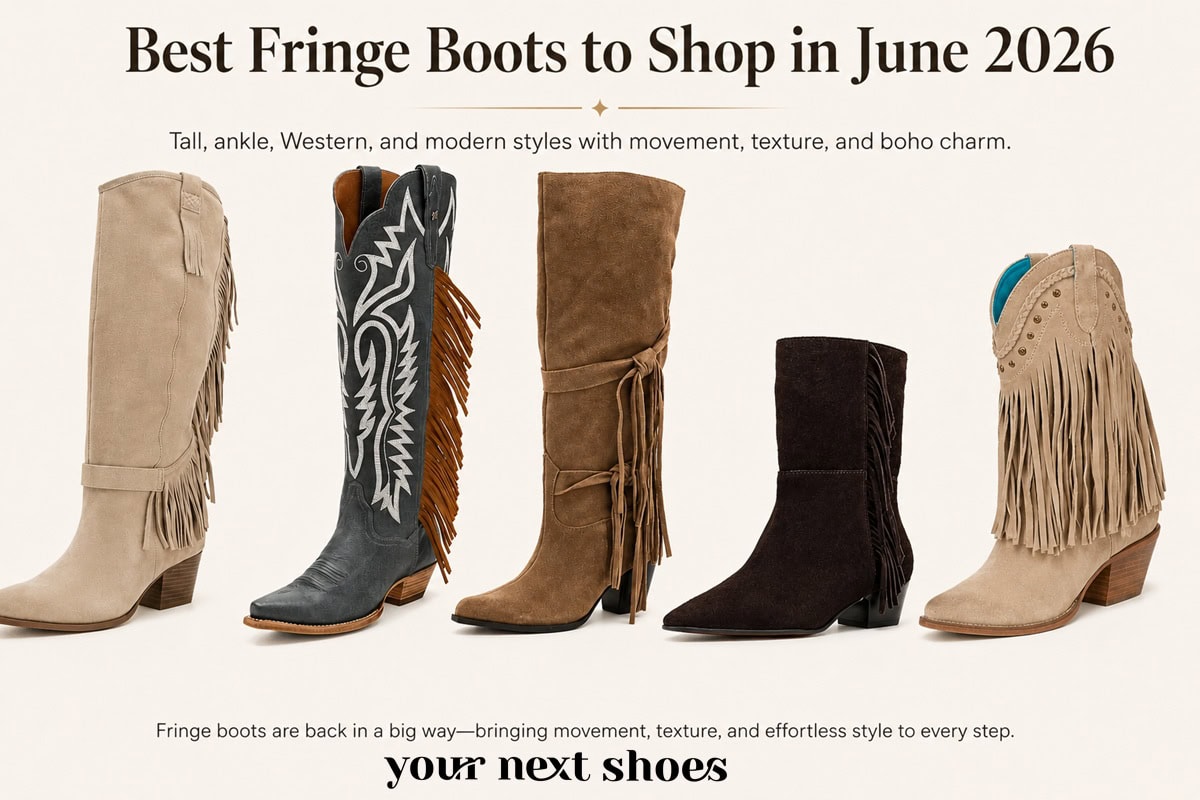 Examples of fringe boot styles available in 2026, ranging from classic knee-high suede designs and Western silhouettes to modern ankle boots with movement-enhancing fringe detailing