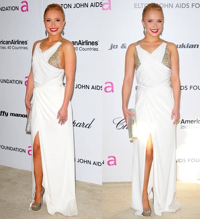 Hayden Panettiere wearing a white dress with metallic Jimmy Choo platform pumps.