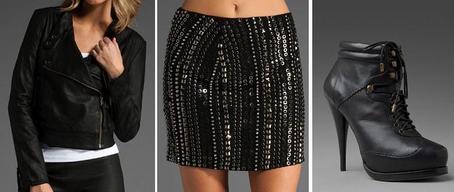 kate bosworth style in black MM Couture by Miss Me Embellished Mini Skirt / Muubaa Porter Biker Jacket / Steven Calah Bootie