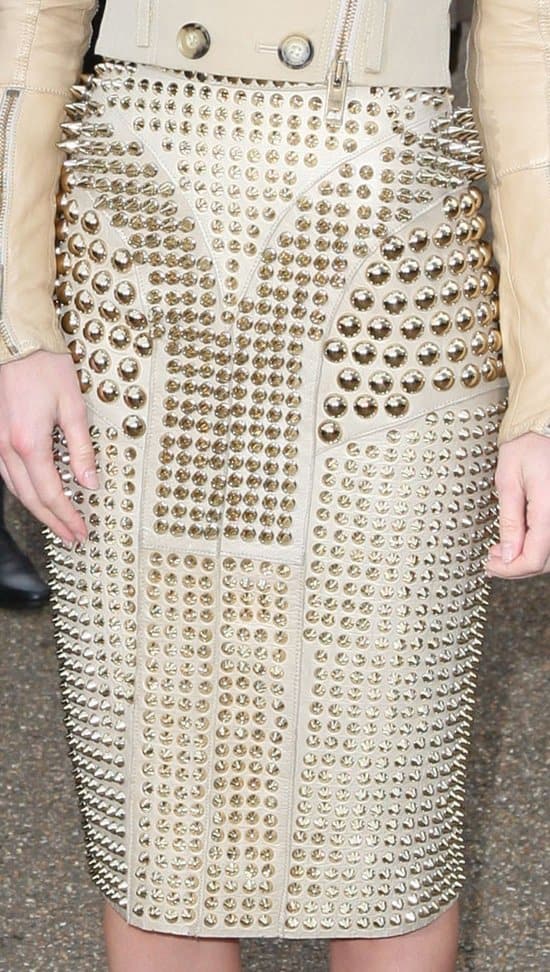 Kate Bosworth London Fashion Week A/W 2011 - Burberry Prorsum - Arrivals held at the Kensington Gardens London Kate Bosworth's Burberry Prorsum skirt with spikes and studs