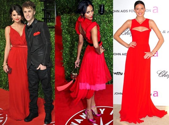 Selena Gomez and Justin Bieber both in color-coordinated Dolce  Gabbana; Zoe Saldaña in a Prabal Gurung Spring 2011 pink and red dress; Odette Yustman in a Monique Lhuillier cutout red gown