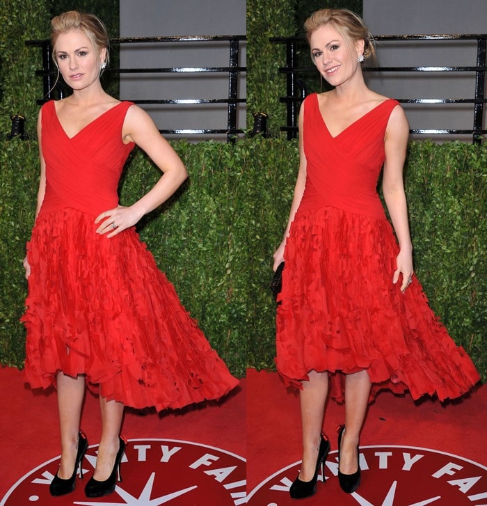 Anna Paquin in a Monique Lhuillier laser-cut shredded skirt dress at the 2011 Vanity Fair Oscar Party