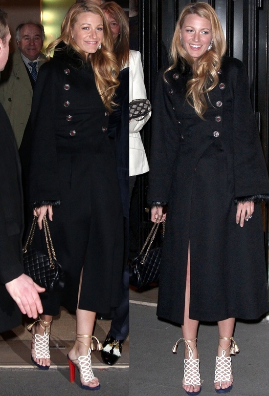 Blake Lively Paris Fashion Week Ready Blake Lively masters Parisian chic at the Chanel dinner, pairing a sophisticated black military-style coat with statement Christian Louboutin lace-up sandals