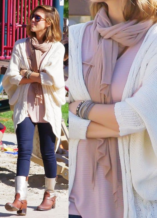 Jessica Alba enjoys a family day out at Coldwater Canyon Park Jessica Alba layers a soft blush scarf over neutral knits and skinny jeans, grounding the relaxed family-outing look with brown leather ankle boots and cream leg warmers at Coldwater Canyon Park in Beverly Hills