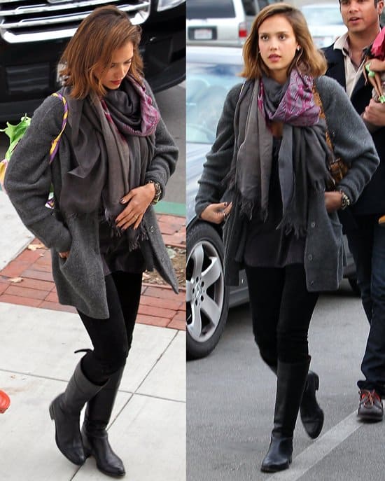 Jessica Alba's parents renew their wedding vows in Pomona City Jessica Alba steps out in Pomona in layered charcoal tones, pairing a draped scarf and structured coat with sleek black leggings and flat leather boots for an understated winter look