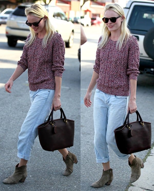 Kate Bosworth grounds her relaxed Isabel Marant sweater and cropped M.i.h London jeans with slouchy grey Isabel Marant “Forbes” suede ankle boots