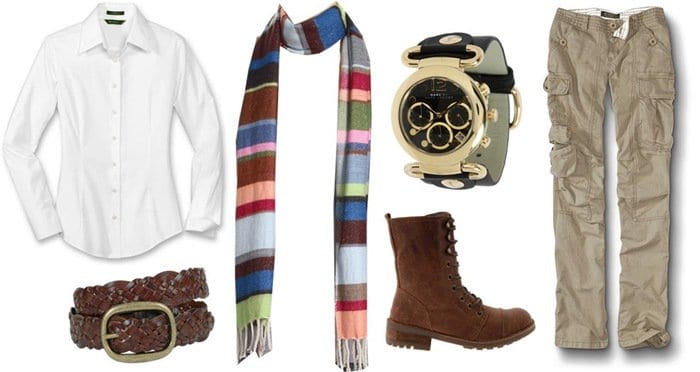 Pair a crisp white wrinkle-free shirt with neutral military cargo pants for an effortless base. Add a pop of color with a multicolored striped scarf, and complete the look with lace-up brown boots, a braided woven belt, and a bold statement watch for a polished yet relaxed vibe