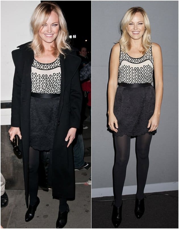 Malin Akerman arrives at the Soho Apple Store, NYC, March 1, 2011 Malin Åkerman exudes effortless chic in a Stella McCartney cutout skirt, black tights, and sleek ankle booties at the Apple Soho Store for the Meet the Filmmaker event on March 1, 2011, in New York City