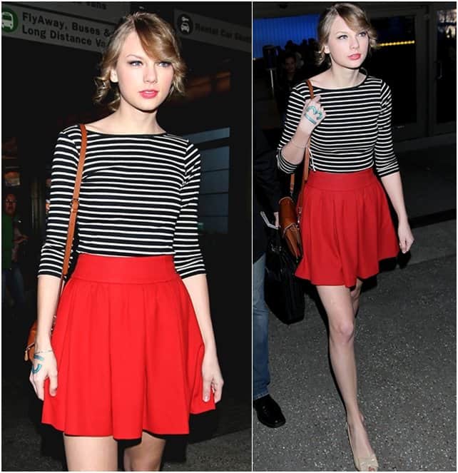 Taylor Swift wearing a striped shirt, red skirt and nude ballet flats from Zara as she arrives at LAX airport, February 11, 2011 Taylor Swift effortlessly channels Parisian chic in a striped Zara top, vibrant red skirt, and nude ballet flats, completing her look with Ralph Lauren's Larchmont crossbody bag as she arrives at LAX on February 22, 2011
