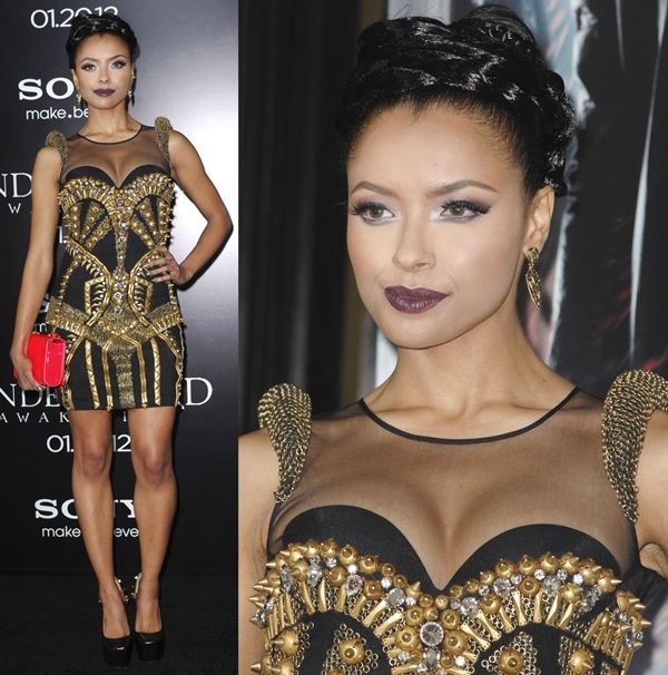 Actress Kat Graham rocks at Falguni Shane Peacock dress at the Premiere Of Screen Gems' 'Underworld Awakening'