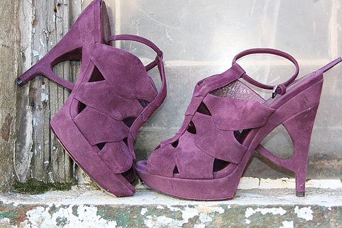The Little Black List Yves Saint Laurent Florale ankle strap sandals Tess's own Yves Saint Laurent Florale purple suede sculpted heel ankle strap sandals