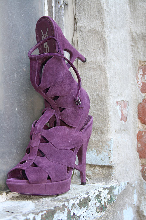 The Little Black List Yves Saint Laurent Florale ankle strap sandals Tess's own Yves Saint Laurent Florale purple suede sculpted heel ankle strap sandals