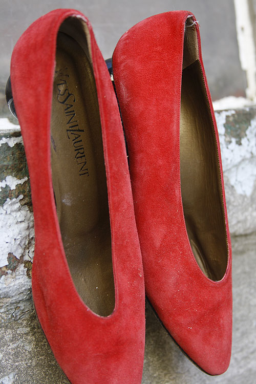 The Little Black List vintage Yves Saint Laurent black ball heel red pumps Tess's vintage Yves Saint Laurent black ball-heeled red pumps, found at a thrift store in Canada