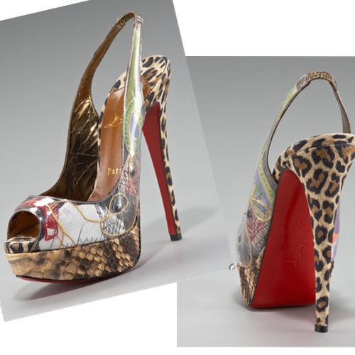 Christian Louboutin Ecotrash Platform Back View A rear view of the “Ecotrash” heels reveals how the towering stiletto and signature red sole contrasted with the intentionally rough, patchwork-inspired construction