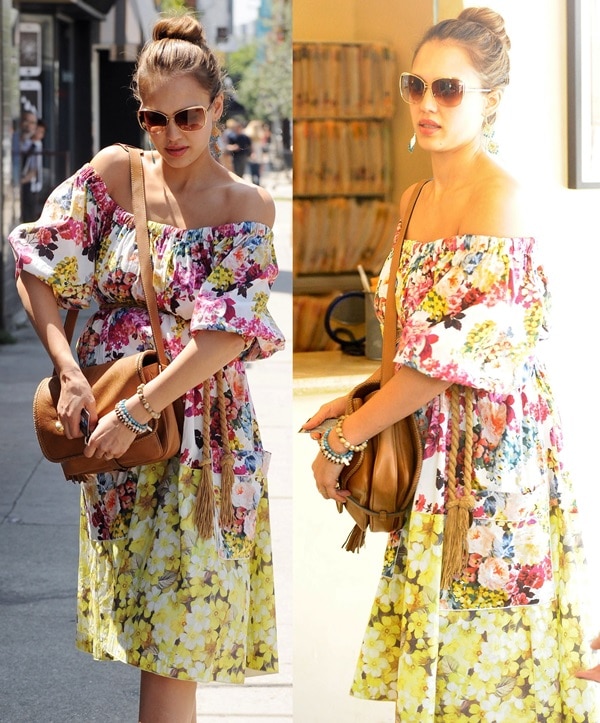Jessica Alba wearing a DG Spring 2011 floral off-the-shoulder dress