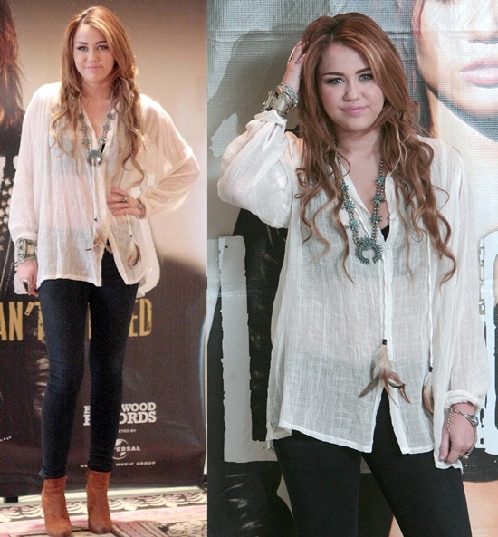 Miley Cyrus in brown booties Miley Cyrus at a press conference for her Gypsy Heart Tour held at the Four Seasons Hotel in Mexico City on May 26, 2011