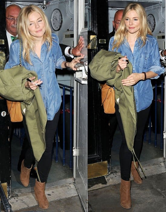 Sienna Miller leaving the Theatre Royal Haymarket after she performed in Terence Rattigan's play 'Flare Path' London "Captured in her signature casual chic style, Sienna Miller leaves the Theatre Royal Haymarket wearing a denim shirt, black skinny jeans, and brown ankle boots