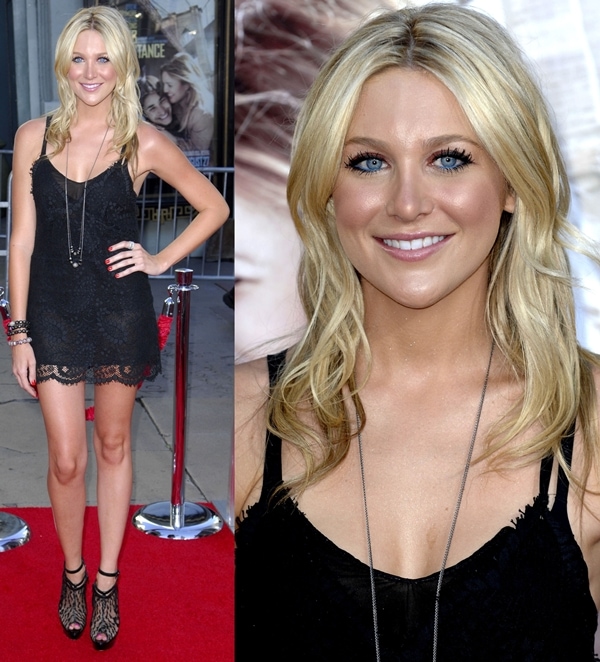 Stephanie Pratt effortlessly styled a lingerie-inspired Little Black Dress (LBD) with delicate lace details, paired with statement accessories and peep-toe heels, for a striking look at the premiere of 'Going the Distance'